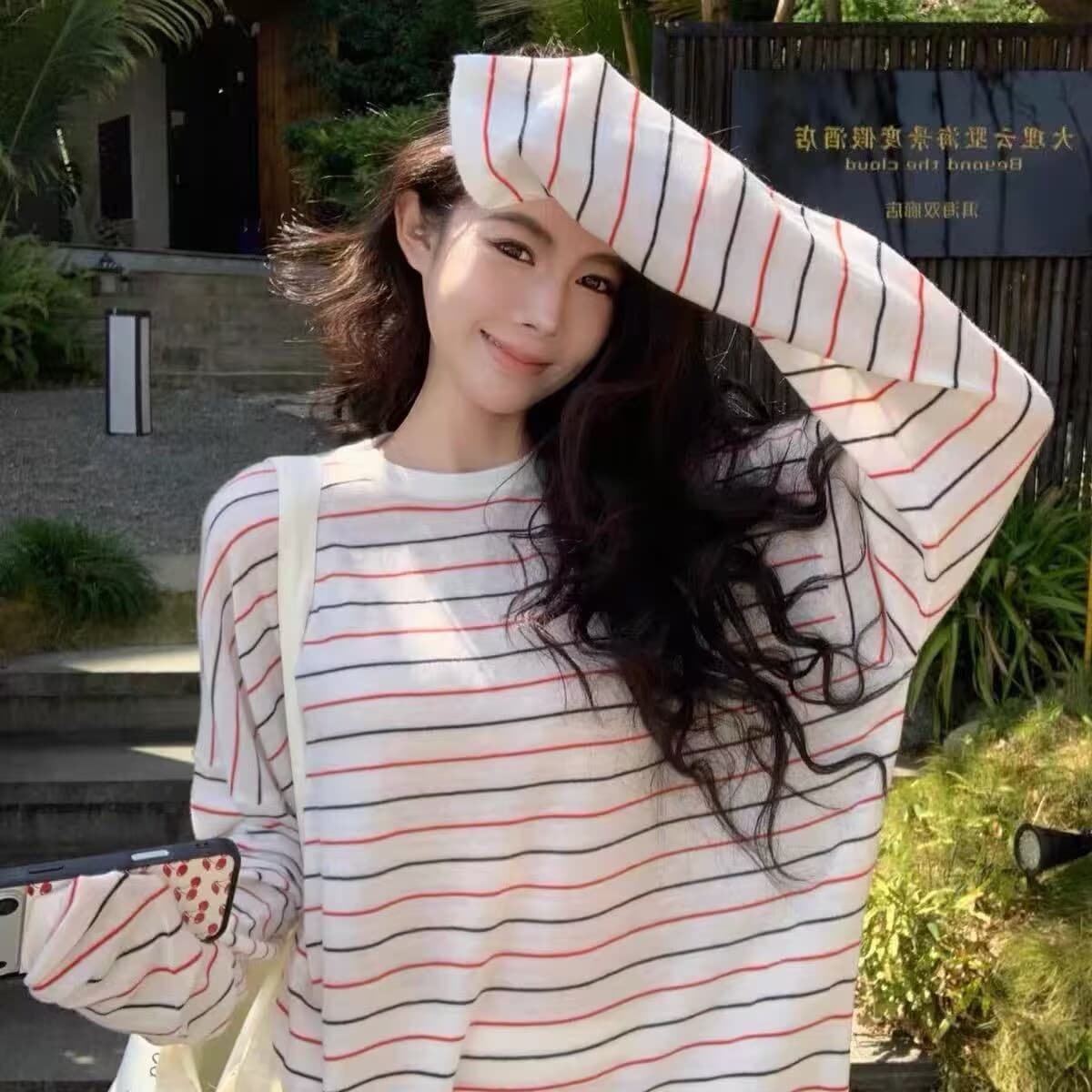 봄 여름 새로운 패션 느긋한 바람 캐주얼 바람 세트 루즈핏 스트라이프 긴팔 맨위 반신 스커트 투피스 세트 이미지 3