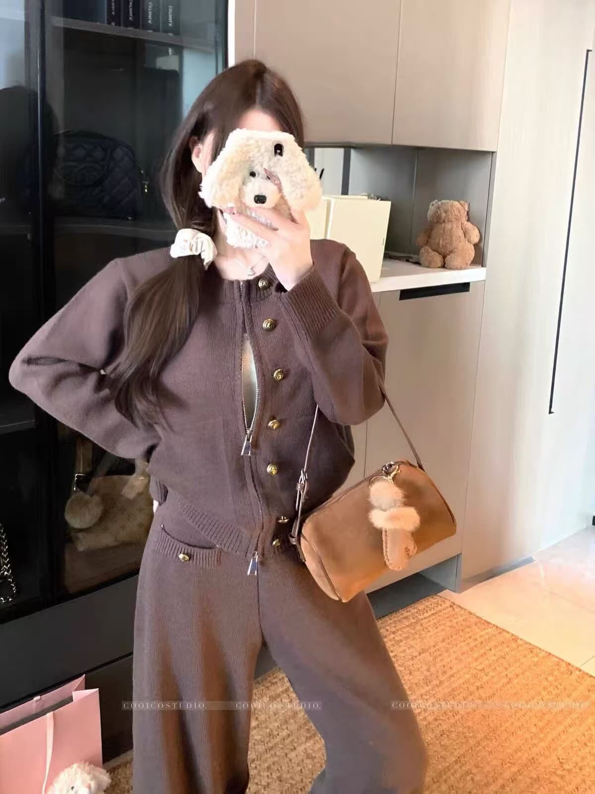 한 부서 폭발 캐주얼 느긋한 니트 오픈 가디건 지퍼 세트 재킷 품격 패션 투피스 세트 와이드 레그 팬츠 니트 상세 이미지 2
