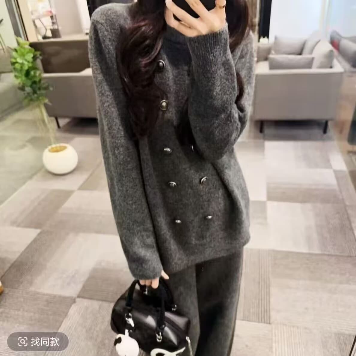 패션 루즈핏 캐주얼 느긋한 바람 이중 버튼 스웨터 와이드 레그 팬츠 미니멀리즘 새로운 점잖은 착용 가져 가라. 투피스 세트 이미지 4