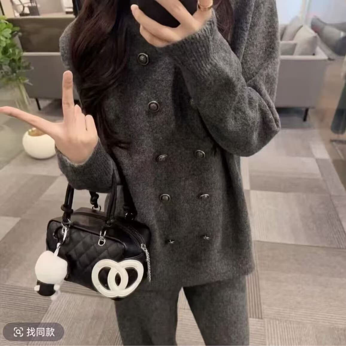 패션 루즈핏 캐주얼 느긋한 바람 이중 버튼 스웨터 와이드 레그 팬츠 미니멀리즘 새로운 점잖은 착용 가져 가라. 투피스 세트 상세 이미지 6