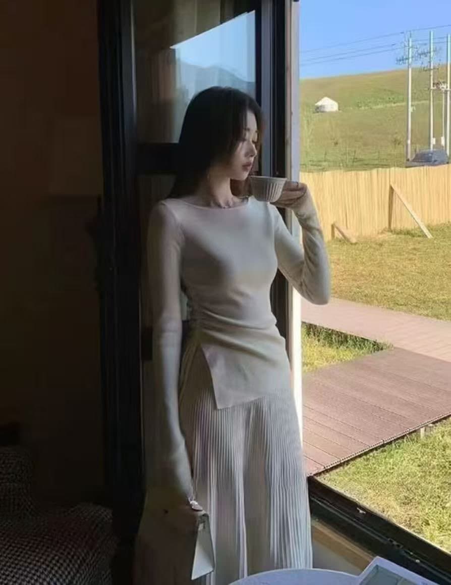 관대 한 니트 세트 드레스 아이들 인사이드 가져 가라. 느긋한 품격 허리 수축 롱 스커트 상세 이미지 4