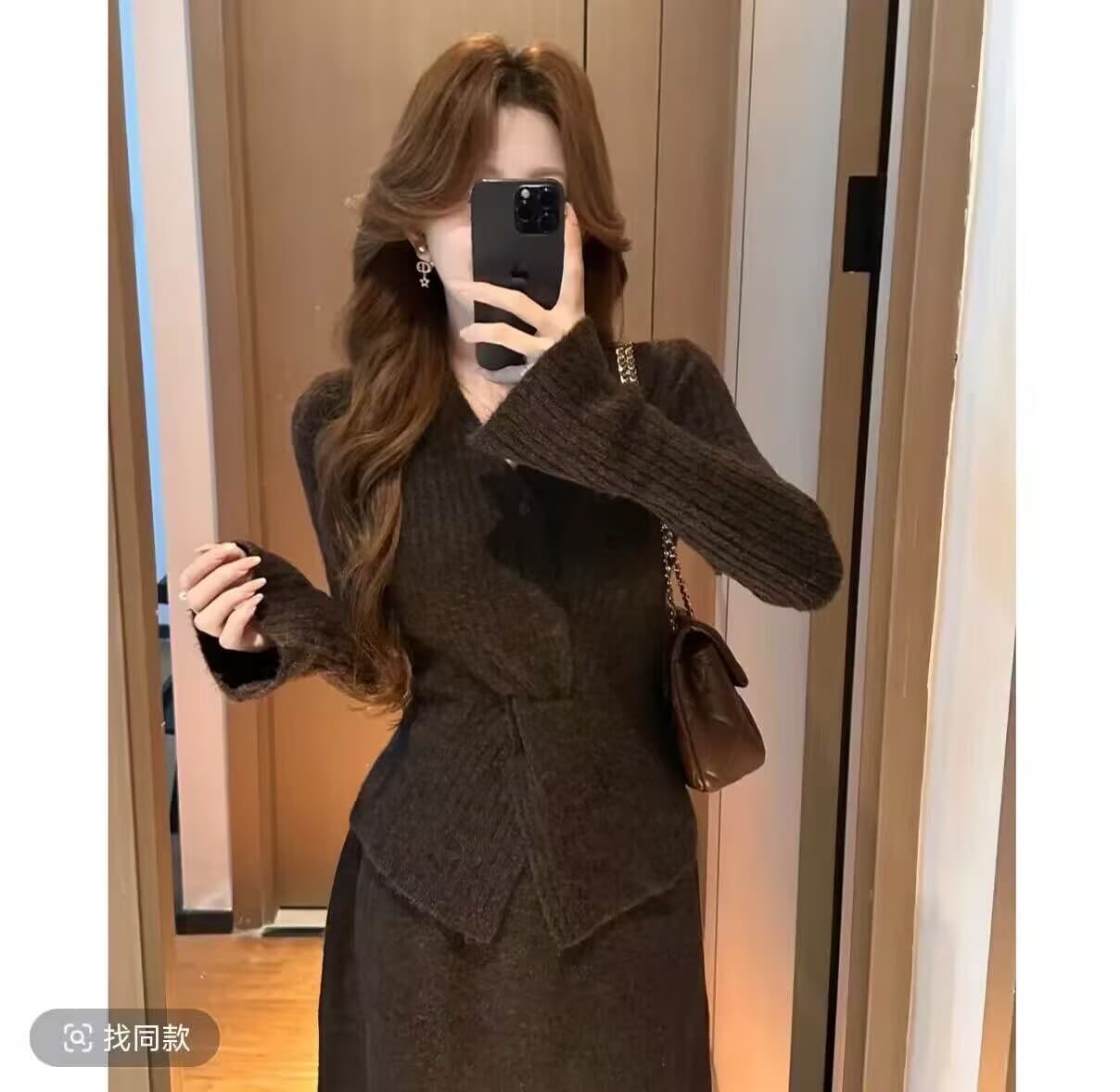 자이언트 잘 생긴 작은 샤넬 스타일 세트 여성 2026 새로운 가을 겨울철 착용 가져 가라. 전체 집합 니트 스웨터 반신 스커트 투피스 세트 이미지 4