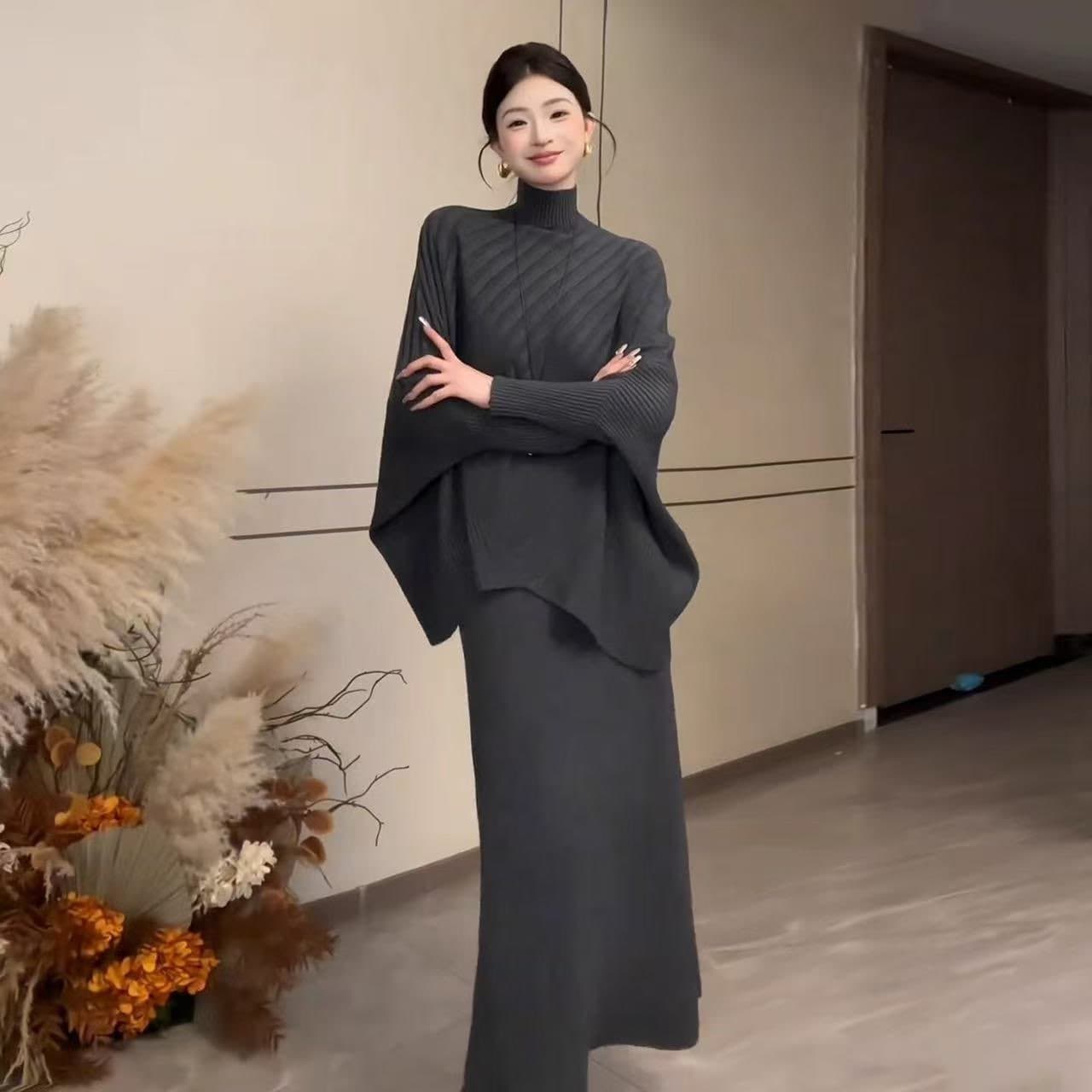 새로운 한 부서 느긋한 바람 검정색 터틀넥 니트 드레스 아이들 조기 가을 고급 센스 세트 롱 스커트 상세 이미지 2