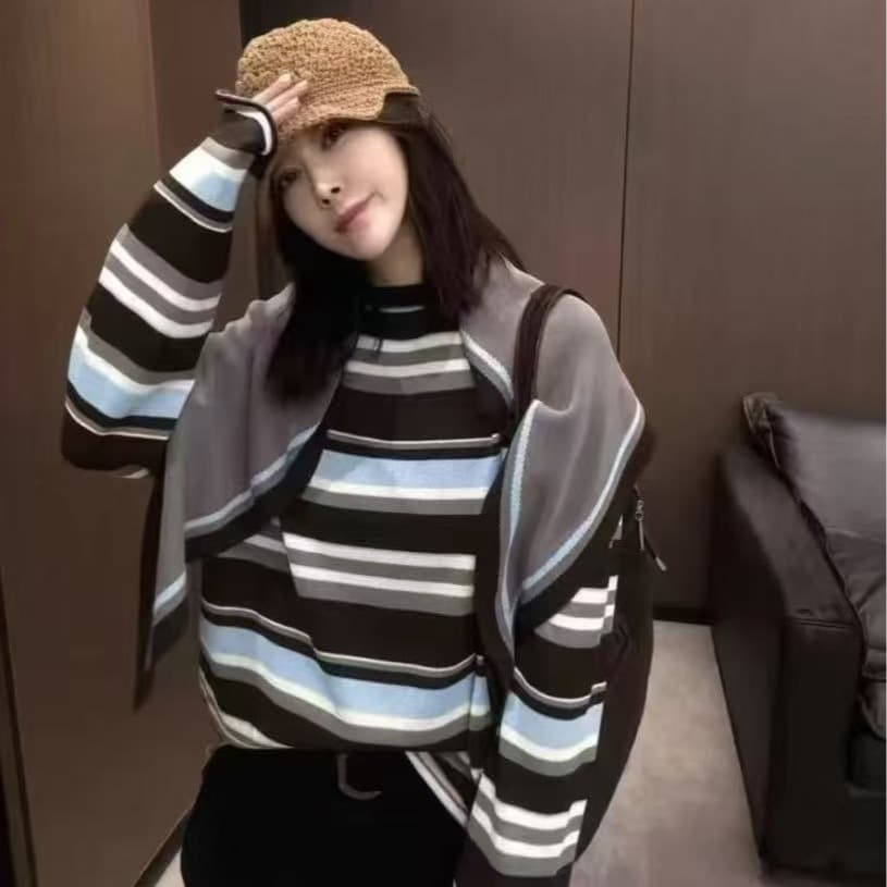 고급 센스 스트라이프 니트 스웨터 여성 가을 숄 외부 가져 가라. 스택 착용 투피스 세트 이른 가을 한 부서 착용 가져 가라. chic 맨위