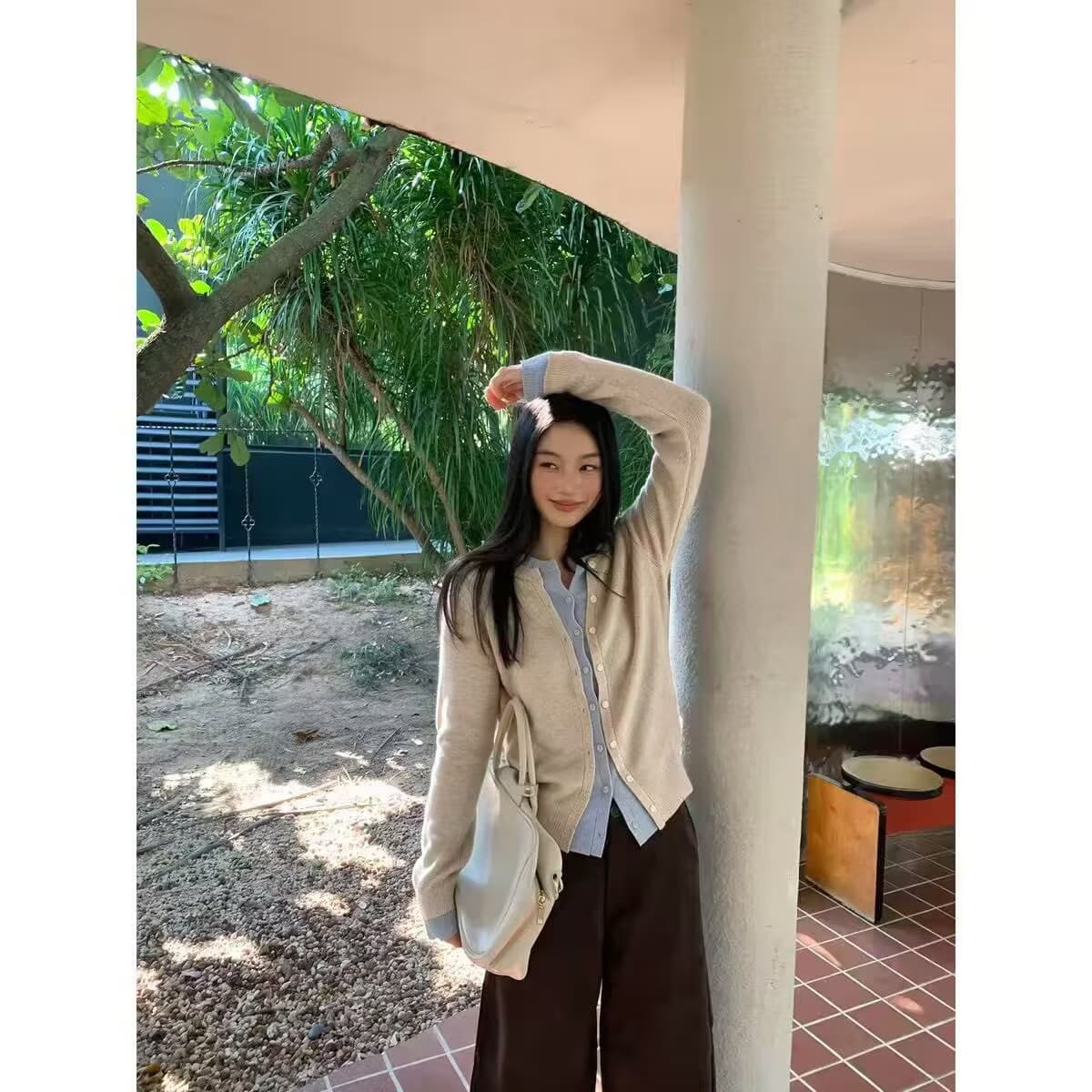 한 부서 페이크 레이어드 패치워크 색상 양모 니트 오픈 가디건 여성 가을 허리 수축 슬림해 보이는 긴팔 맨위 이미지 4