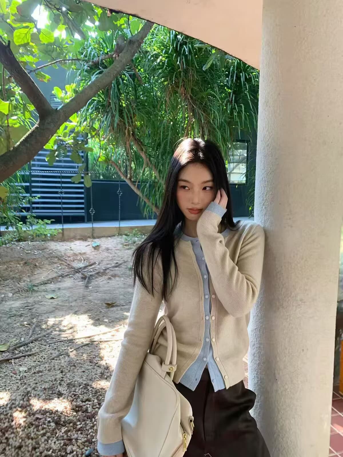 한 부서 페이크 레이어드 패치워크 색상 양모 니트 오픈 가디건 여성 가을 허리 수축 슬림해 보이는 긴팔 맨위 상세 이미지 4