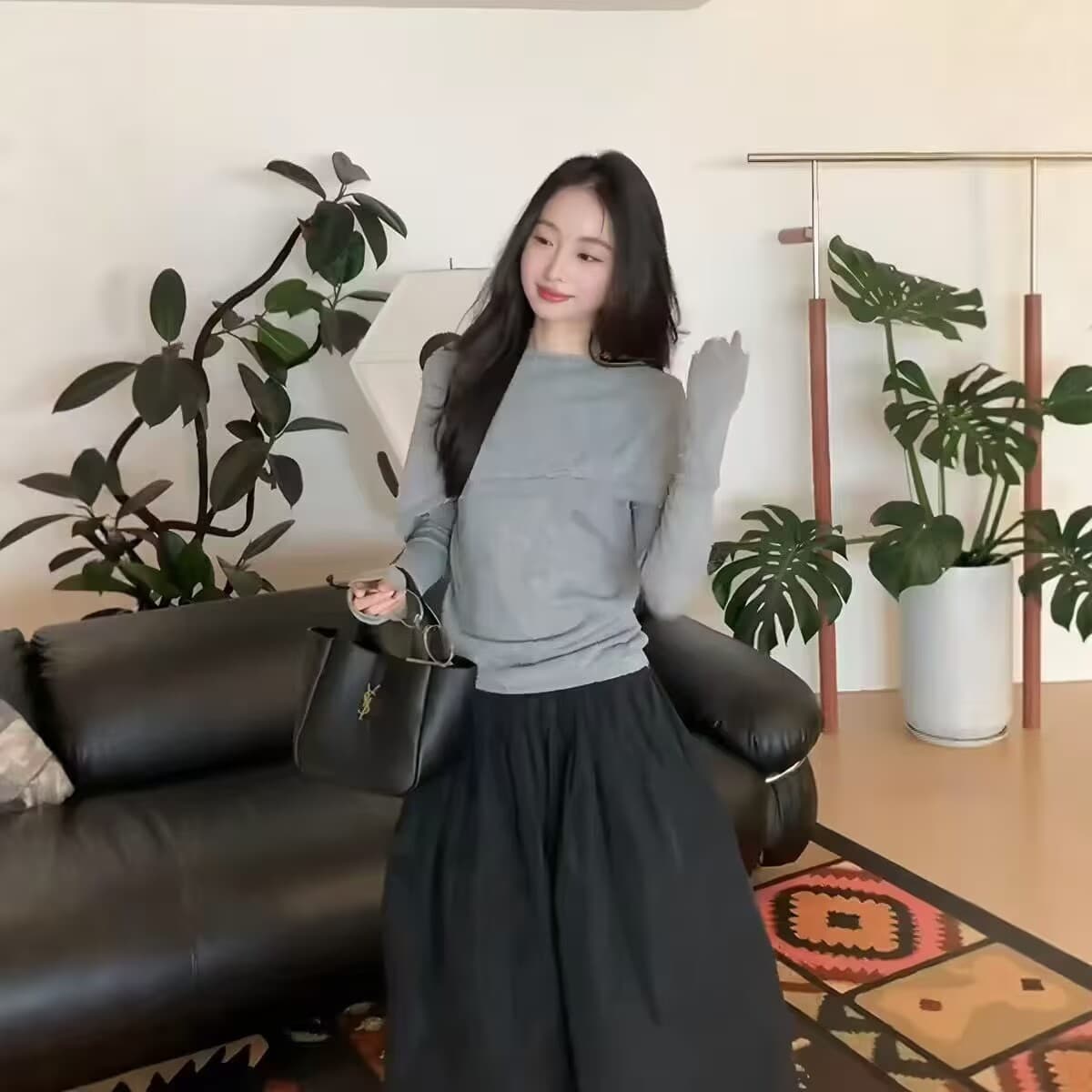 프랑스식 디자인 센스 페이크 레이어드 숄 긴팔 니트 스웨터 여성 하이웨이스트 퍼프 반신 치마 세트 상세 이미지 4