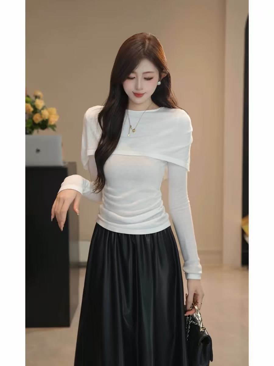 부드러운 한 부서 페이크 레이어드 숄 니트 스웨터 맨위 봄 가을 슬림해 보이는 몸매 가꾸기 긴팔 기본 셔츠 상세 이미지 2