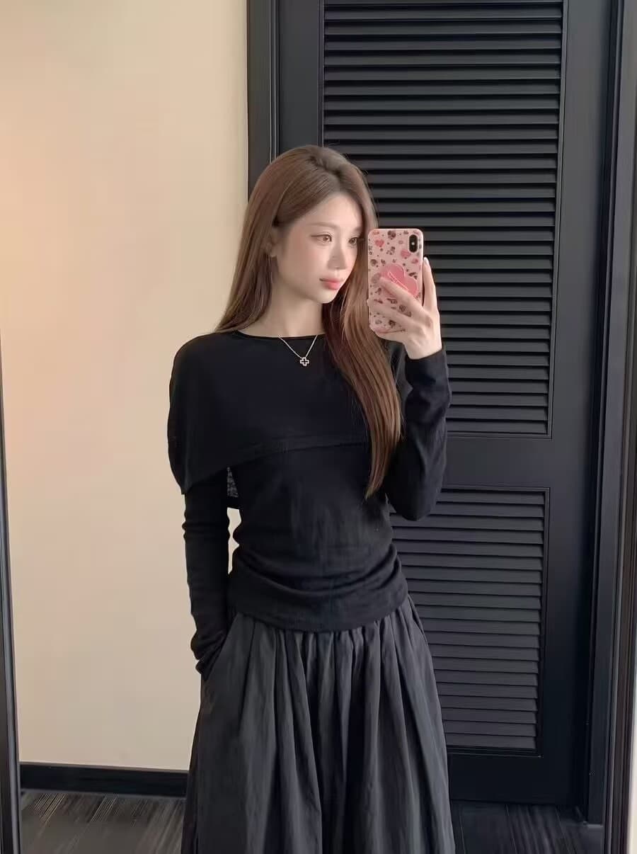 부드러운 한 부서 페이크 레이어드 숄 니트 스웨터 맨위 봄 가을 슬림해 보이는 몸매 가꾸기 긴팔 기본 셔츠 상세 이미지 3