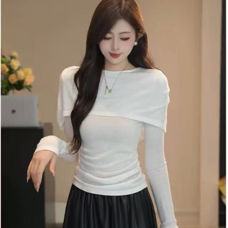 부드러운 한 부서 페이크 레이어드 숄 니트 스웨터 맨위 봄 가을 슬림해 보이는 몸매 가꾸기 긴팔 기본 셔츠