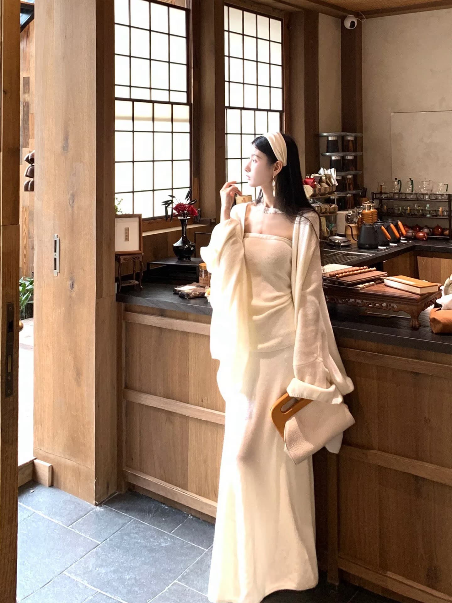 walkindark 이끼 색상 저녁 바람 높음 물품 무거운 작업 산양 캐시미어 고급 서있는 자르다 양 울 스웨터 세트 이미지 3