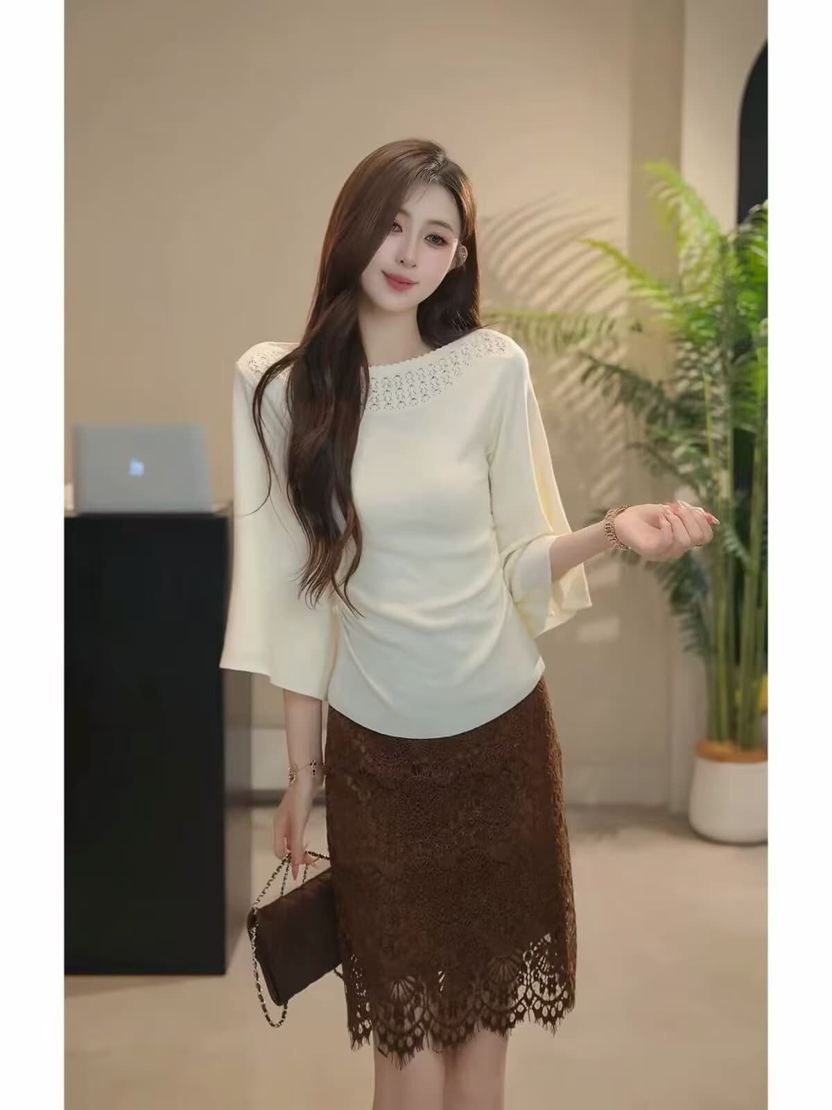 부드러운 품격 보트넥 배트윙 소매 니트 맨위 레이스 레이스 반신 스커트 여름 가을 착용 가져 가라. 상세 이미지 4