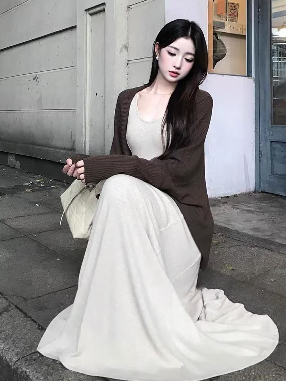 eia 하나 야오 차 향기로운 수 있습니다. 노래 긴팔 여성 드레스 가을 모직물 품격 느긋한 재킷 카키 색 롱 스커트 이미지 2