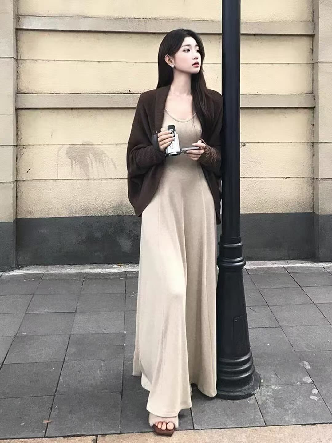 eia 하나 야오 차 향기로운 수 있습니다. 노래 긴팔 여성 드레스 가을 모직물 품격 느긋한 재킷 카키 색 롱 스커트 상세 이미지 2
