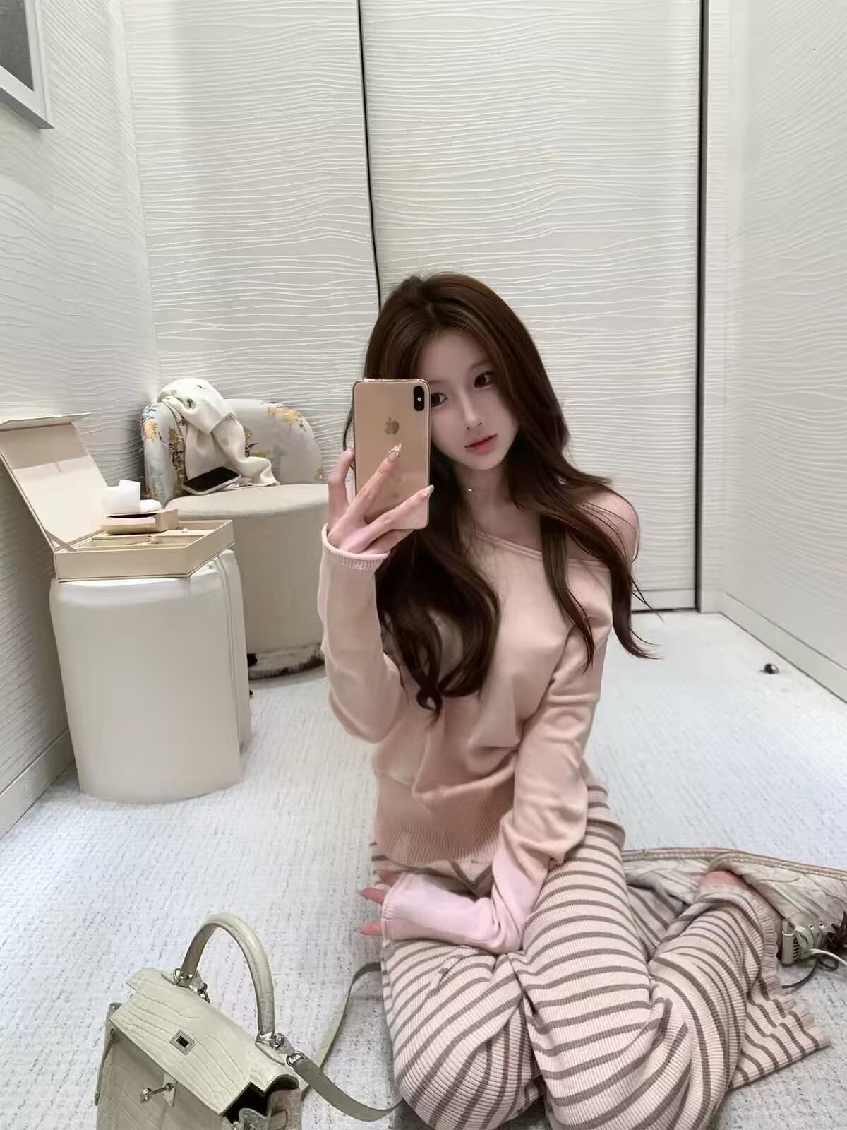 다이 킨 홈 이른 가을 비밀번호 보트넥 니트 스웨터 니트 바지 투피스 세트 상세 이미지 3