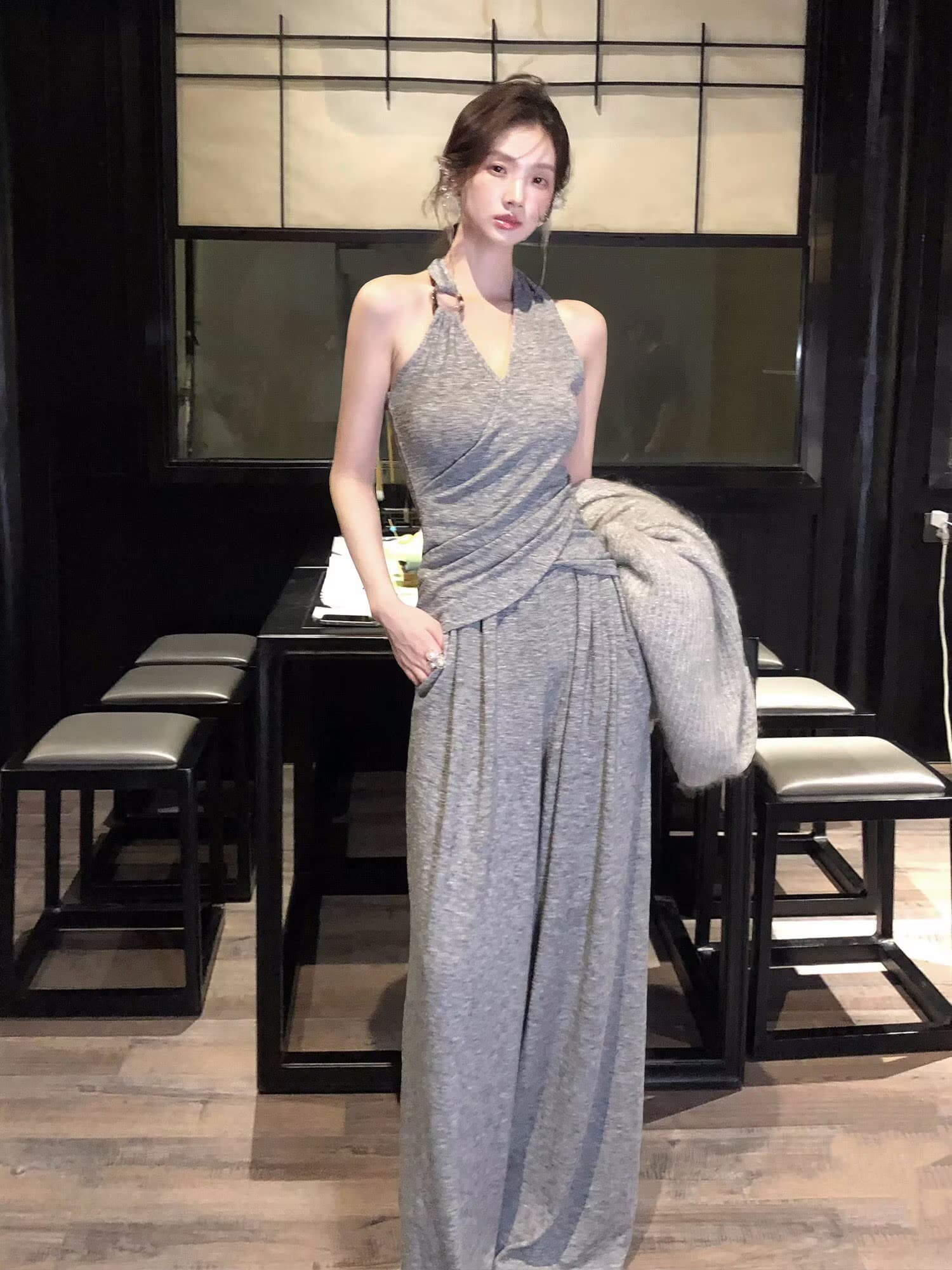 하나부터 순간 사파이어 케이스 비대칭 행침 목 맨위 캐주얼 와이드 레그 팬츠 외부 가져 가라. 니트 오픈 가디건 3종 세트 상세 이미지 3