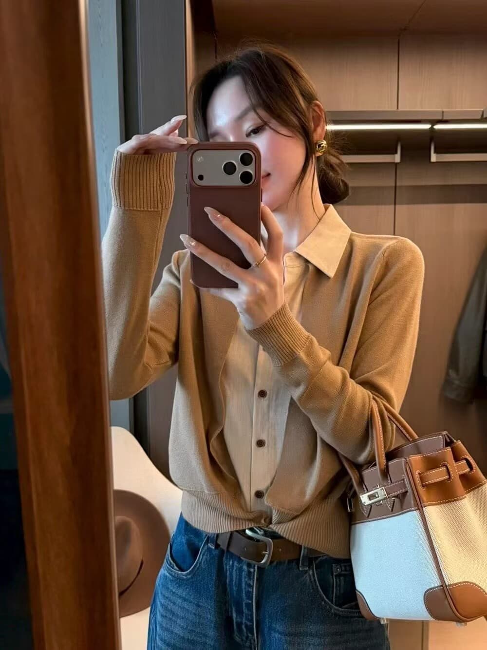 유럽 상품 2026 가을 오래된 돈 바람 품격 페이크 레이어드 니트 오픈 가디건 여성 폴로 칼라 다용도 슬림해 보이는 긴팔 맨위 상세 이미지 6