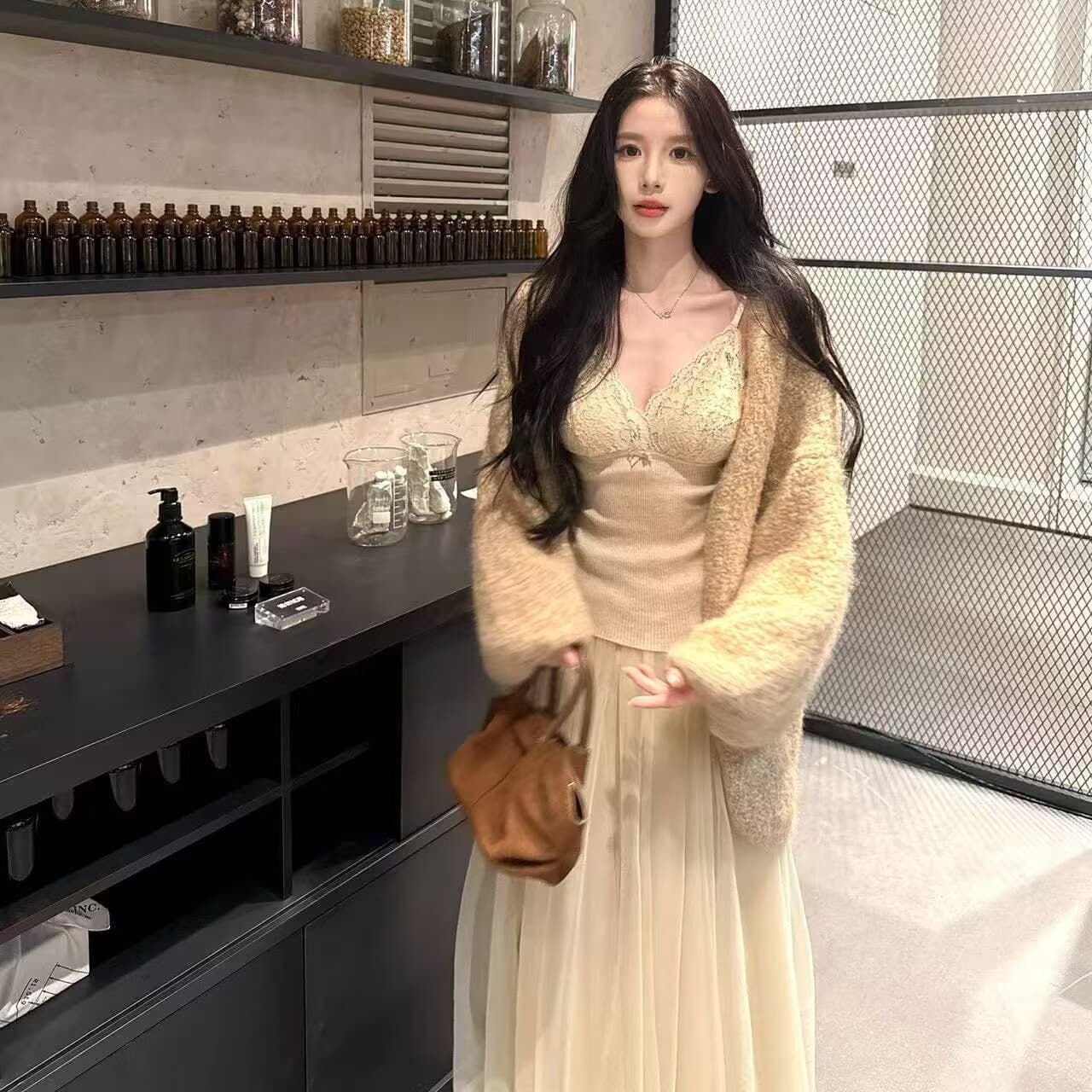 있음 선적 하나 달콤한 복숭아 오트밀 살구 색상 니트 스웨터 레이스 슬립 실 거즈 스커트 세 조각 세트 상세 이미지 2
