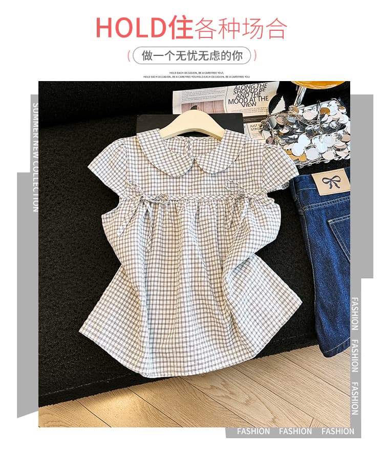 베이비 칼라 체크무늬 스트랩 반팔 여성 셔츠 여름 상세 이미지 3