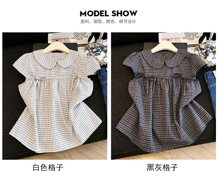 베이비 칼라 체크무늬 스트랩 반팔 여성 셔츠 여름 상세 이미지 10