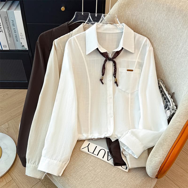 프랑스식 POLO 칼라 스카프 레이스업 긴팔 여성 셔츠 이른 가을 새로운 싱글 줄 버튼 펌프 로프 밑단 디자인 센스 맨위 이미지 2
