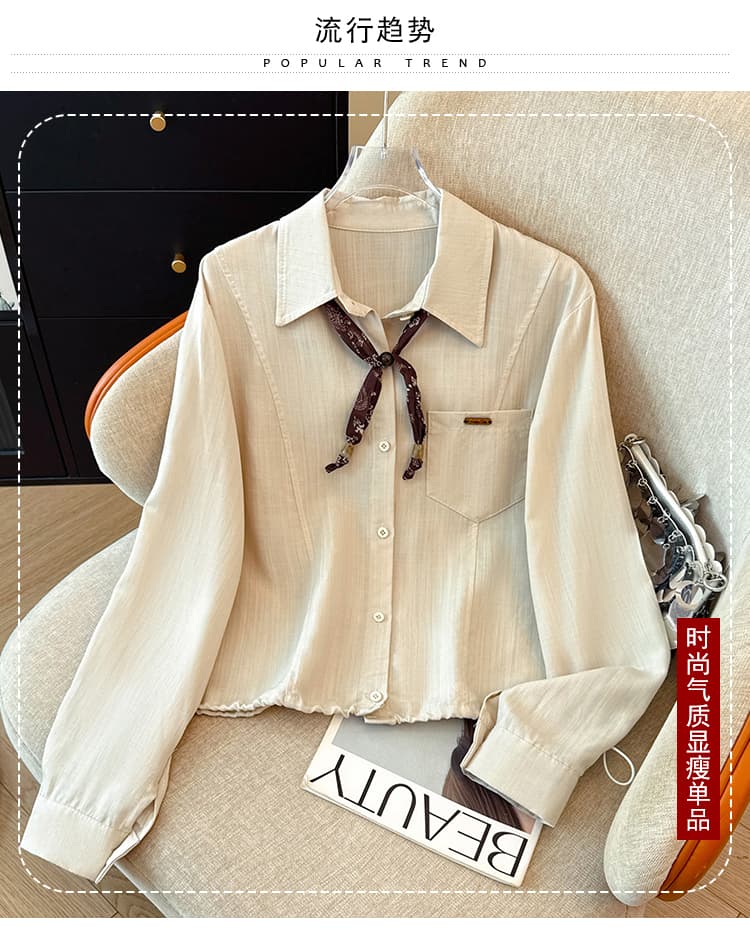 프랑스식 POLO 칼라 스카프 레이스업 긴팔 여성 셔츠 이른 가을 새로운 싱글 줄 버튼 펌프 로프 밑단 디자인 센스 맨위 상세 이미지 4