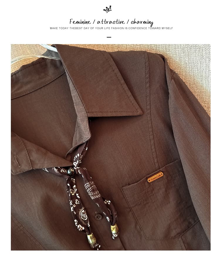 프랑스식 POLO 칼라 스카프 레이스업 긴팔 여성 셔츠 이른 가을 새로운 싱글 줄 버튼 펌프 로프 밑단 디자인 센스 맨위 상세 이미지 30