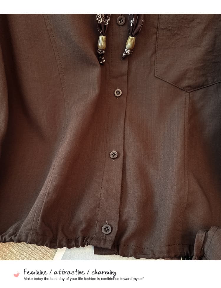 프랑스식 POLO 칼라 스카프 레이스업 긴팔 여성 셔츠 이른 가을 새로운 싱글 줄 버튼 펌프 로프 밑단 디자인 센스 맨위 상세 이미지 36