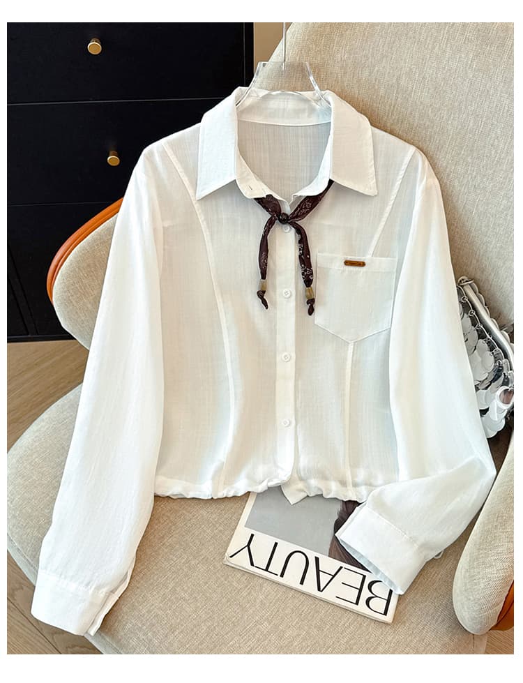 프랑스식 POLO 칼라 스카프 레이스업 긴팔 여성 셔츠 이른 가을 새로운 싱글 줄 버튼 펌프 로프 밑단 디자인 센스 맨위 상세 이미지 37