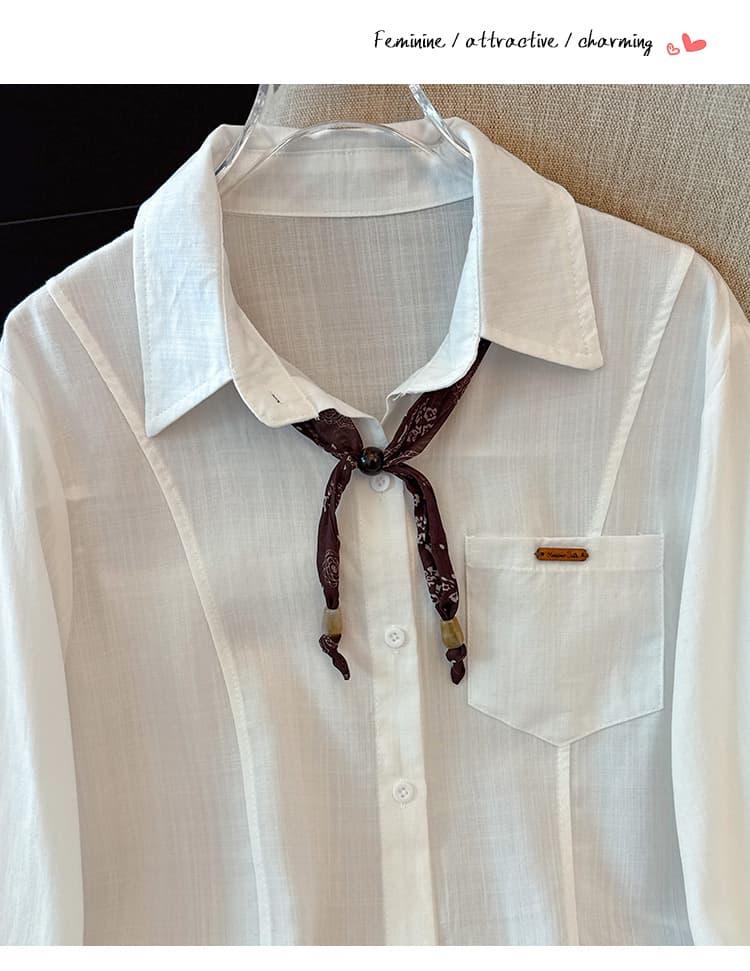프랑스식 POLO 칼라 스카프 레이스업 긴팔 여성 셔츠 이른 가을 새로운 싱글 줄 버튼 펌프 로프 밑단 디자인 센스 맨위 상세 이미지 40
