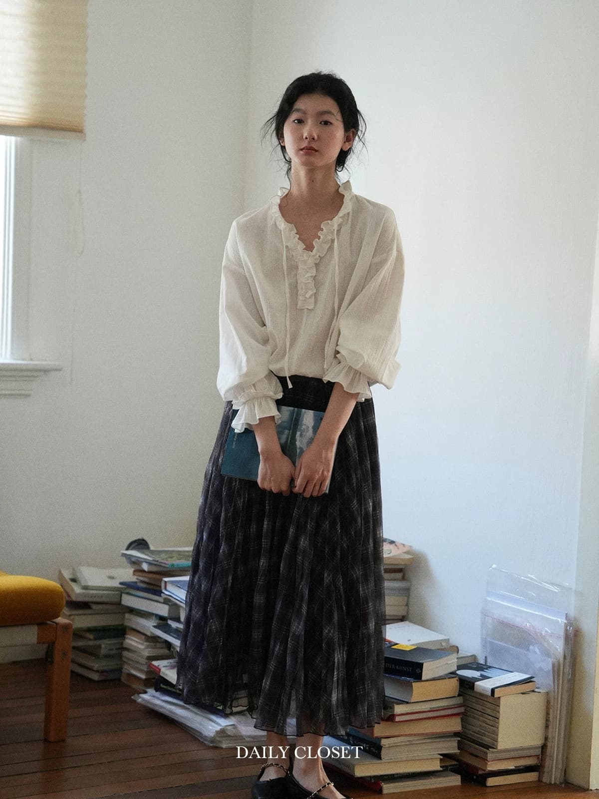 레이스 칼라 자카드 질감 면 100% 긴팔 얇고 가벼운 셔츠 맨위 여성 이미지 4