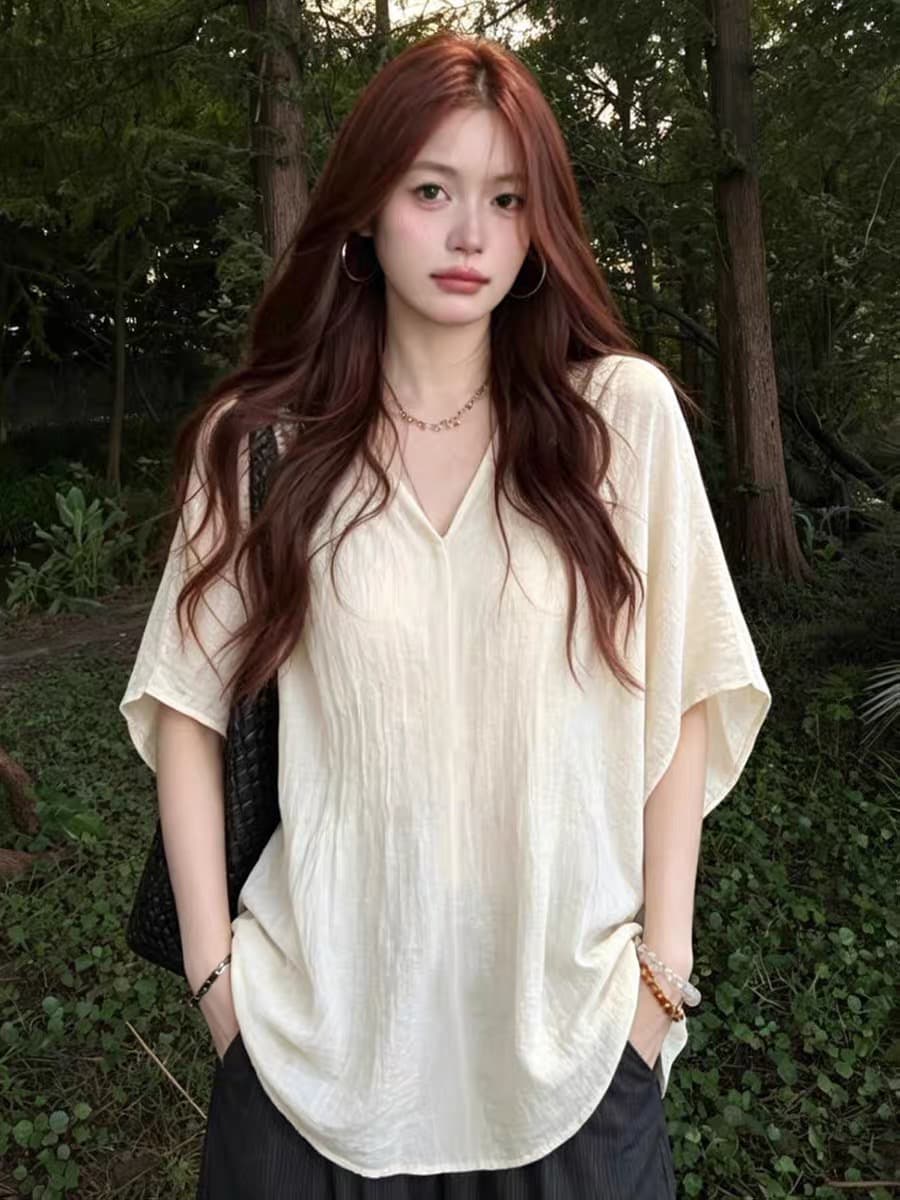 오래된 돈 바람 모방 아마 셔츠 반팔 여성 2026 새로운 고유 한 자이언트 잘 생긴 블라우스 디자인 센스 빅 사이즈 맨위 얇은 이미지 3