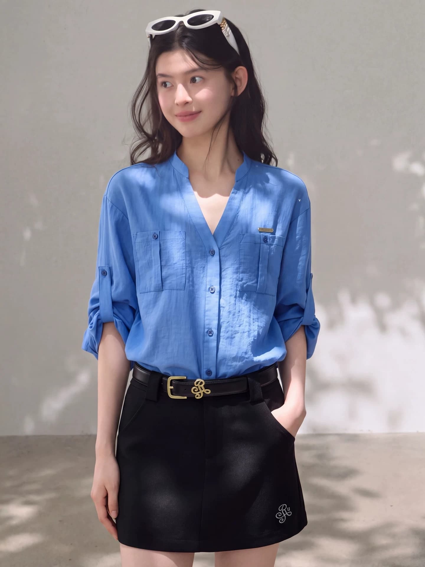 고급 센스 톰 글 래 원인 블루 여성 셔츠 여름 프랑스식 오래된 돈 바람 캐주얼 루즈핏 면 린넨 긴팔 자외선 차단 셔츠 재킷 상세 이미지 1
