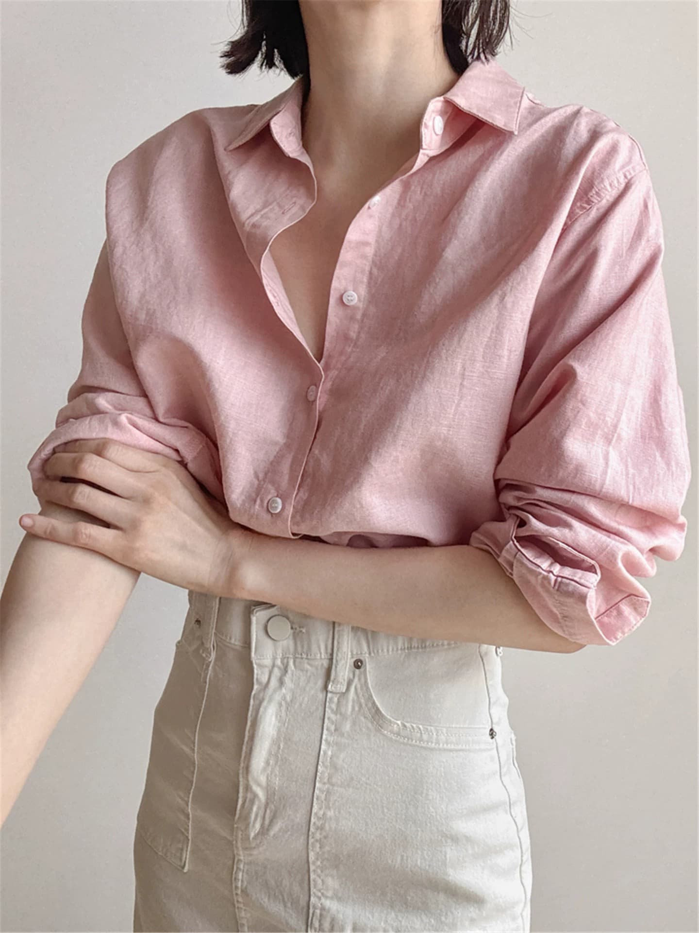 한 부서 미니멀리즘 다용도 아마 긴팔 핑크색 셔츠 얇은 스타일 출퇴근 루즈핏 면 린넨 셔츠 품격 맨위 이미지 2