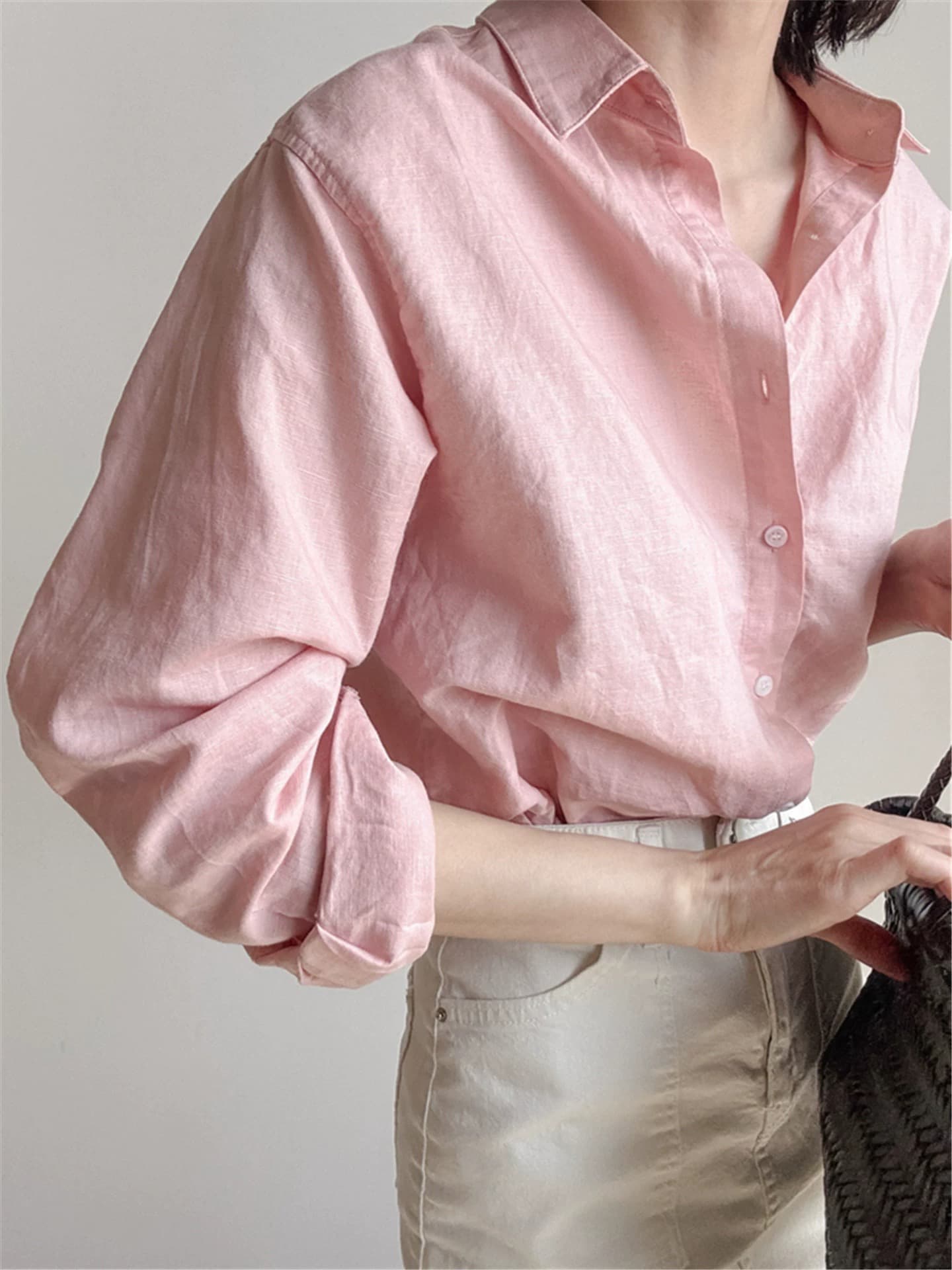 한 부서 미니멀리즘 다용도 아마 긴팔 핑크색 셔츠 얇은 스타일 출퇴근 루즈핏 면 린넨 셔츠 품격 맨위 상세 이미지 3
