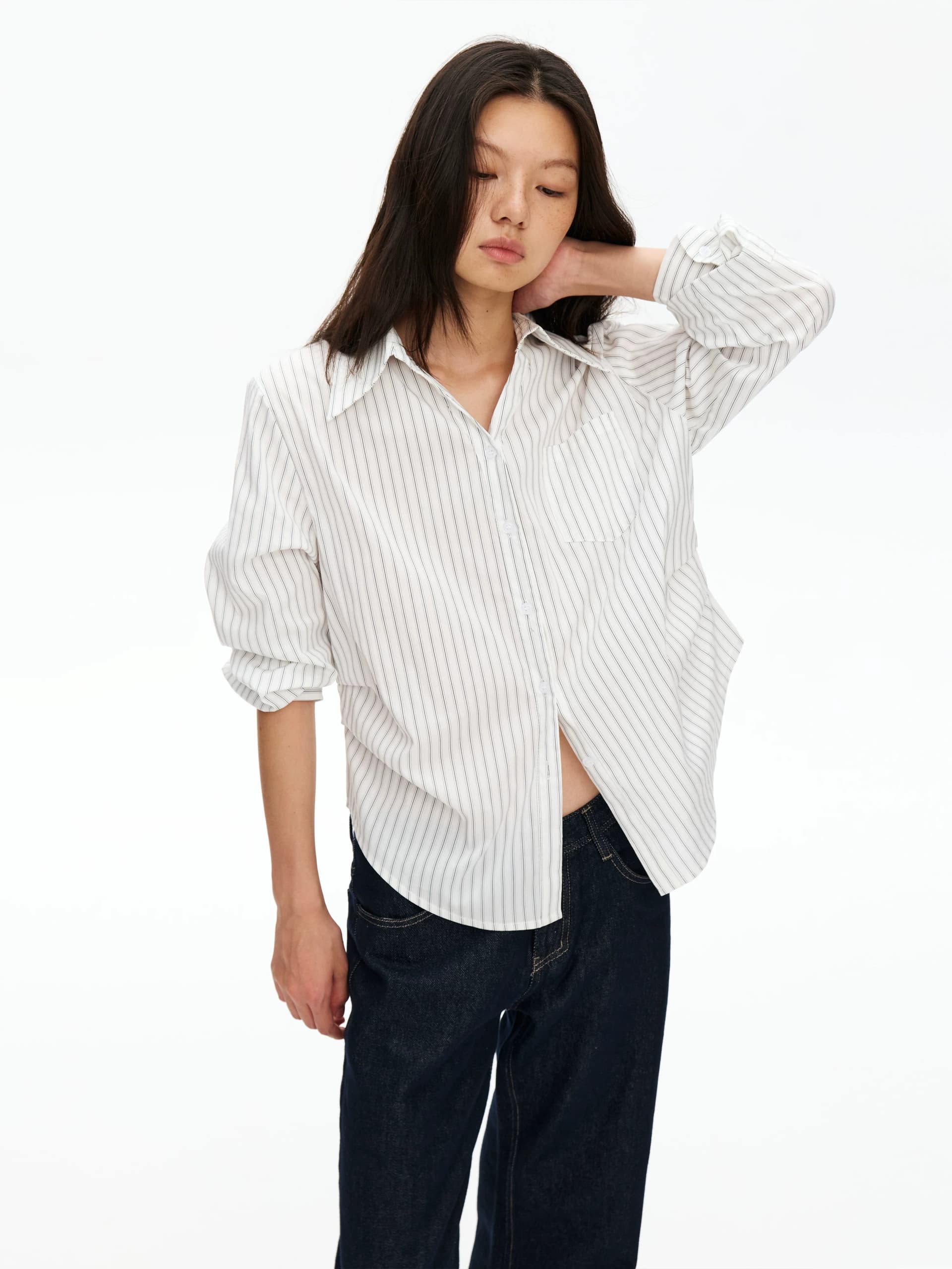 스트라이프 화이트 폴로 칼라 허리 명중 Pleat 여성 셔츠 루즈핏 캐주얼 품격 긴팔 셔츠 맨위 가을 이미지 4
