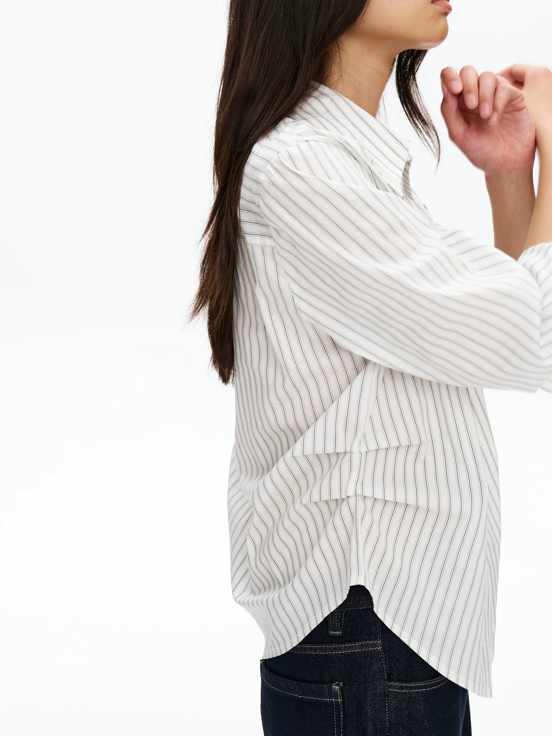 스트라이프 화이트 폴로 칼라 허리 명중 Pleat 여성 셔츠 루즈핏 캐주얼 품격 긴팔 셔츠 맨위 가을 상세 이미지 2
