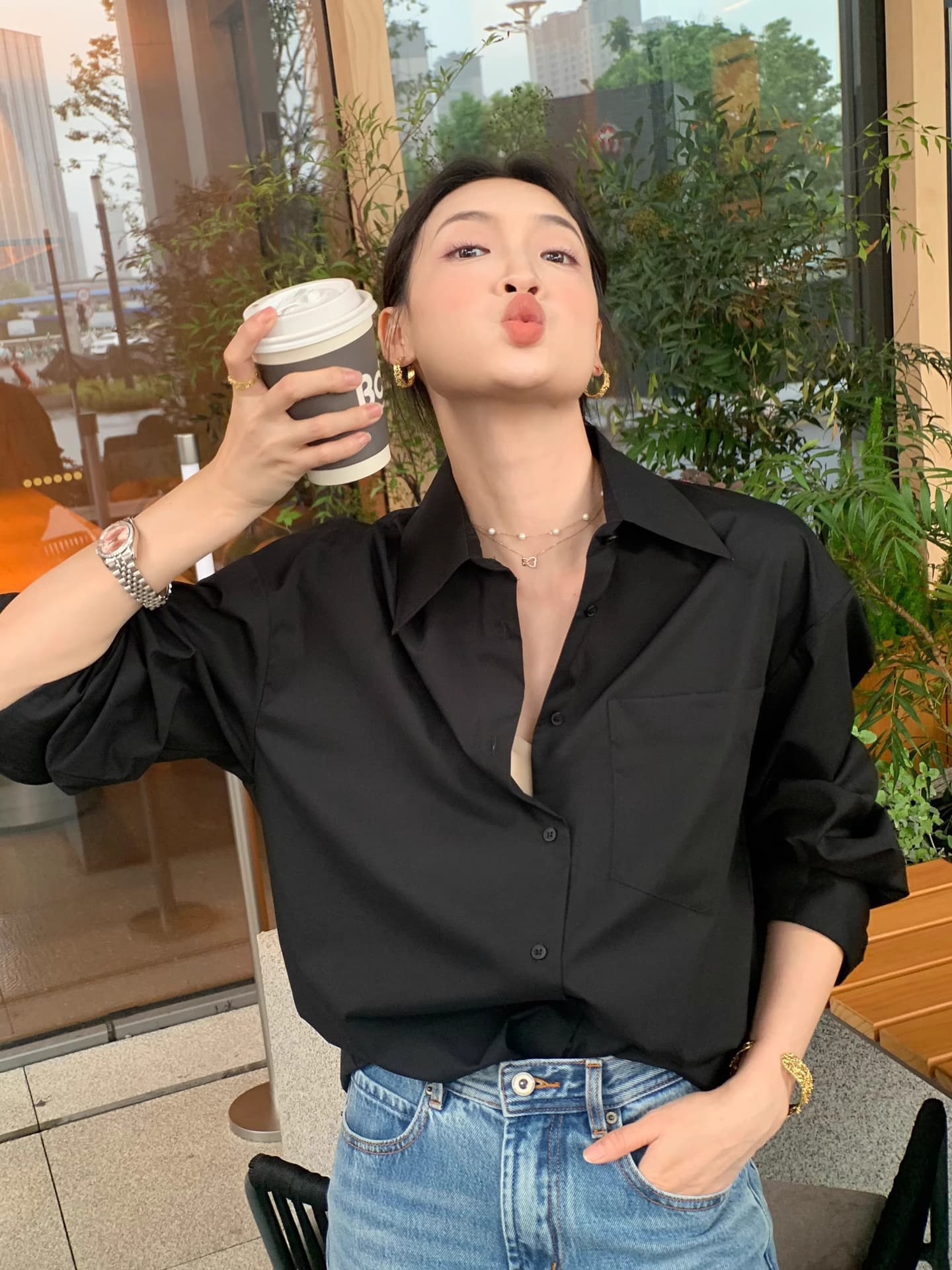 검정색 이른 가을 면 셔츠 여성 코트 새로운 긴팔 맨위 출퇴근 다용도 긴팔 여성 셔츠 상세 이미지 1