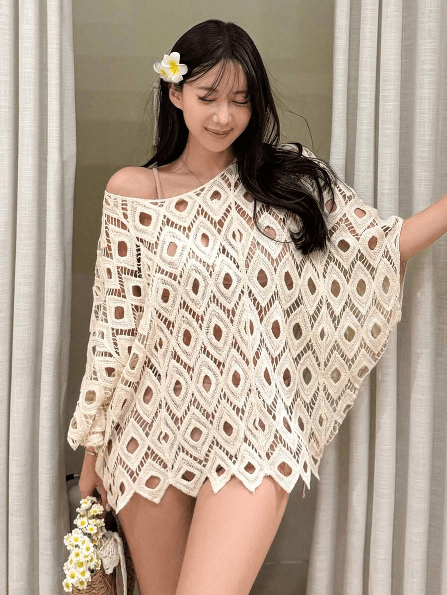 봄 여름 새로운 휴가 바람 단색 다용도 디자인 센스 홀로우 아웃 라운드 넥 풀오버 배트윙 소매 니트 스웨터 자외선 차단 의류 상세 이미지 6