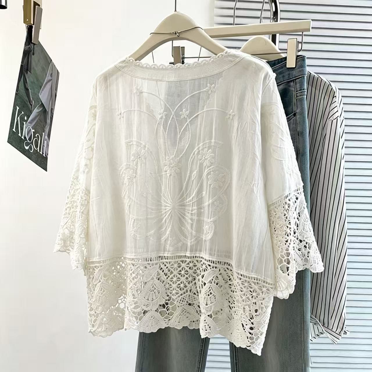 실사 보헤미안 바람 홀로우 아웃 V넥 자외선 차단 레이스 오픈 가디건 여성 여름 외부 가져 가라. 반팔 블라우스 맨위 재킷 상세 이미지 4