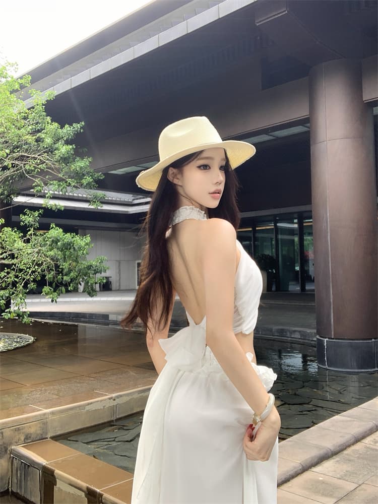 정가 실사 새로운 행침 목 백리스 스트랩 쇼트 스타일 하이웨이스트 레이스 롱 스커트 투피스 세트 이미지 3