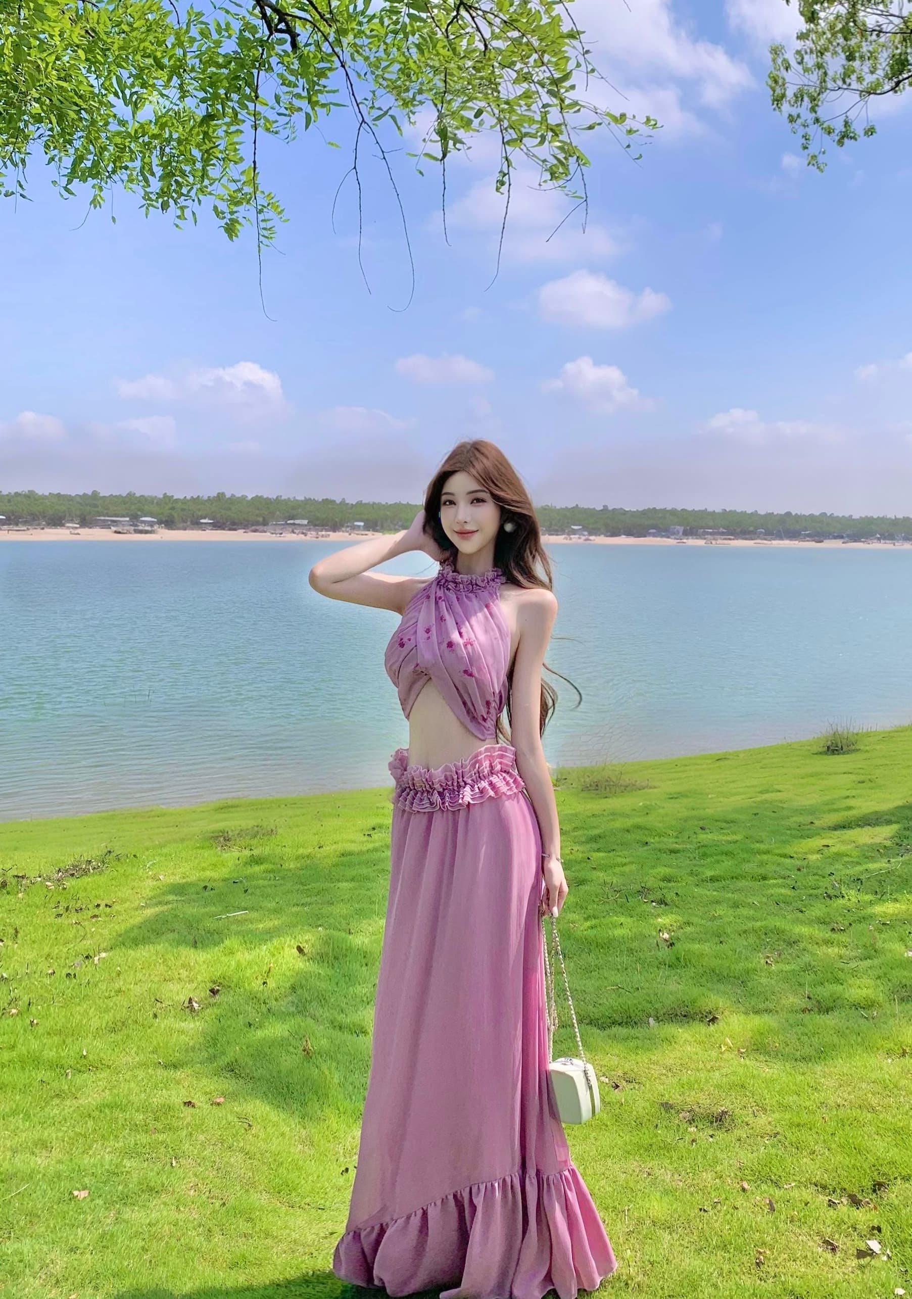 정가 실사 새로운 행침 목 백리스 스트랩 쇼트 스타일 하이웨이스트 레이스 롱 스커트 투피스 세트 상세 이미지 12