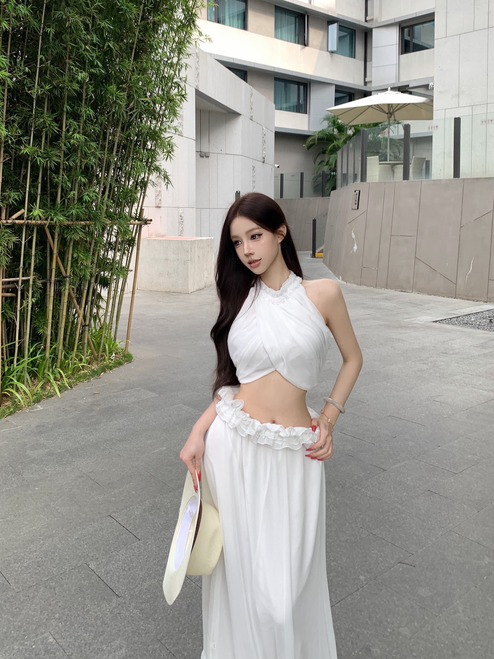 정가 실사 새로운 행침 목 백리스 스트랩 쇼트 스타일 하이웨이스트 레이스 롱 스커트 투피스 세트 상세 이미지 13