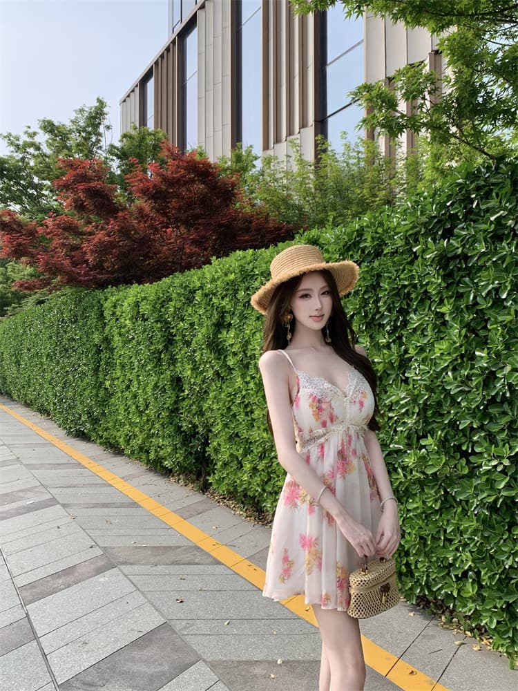 정가 실사 슬립 레이스 조각 하이웨이스트 슬림해 보이는 백리스 휴가 드레스 상세 이미지 6