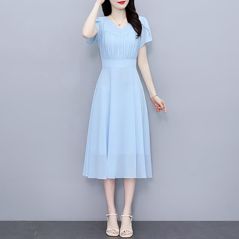 여름 프랑스식 디자인 센스 단색 패션 슬림해 보이는 허리밴드 빛 럭셔리 롱 스커트 드레스 이미지 5