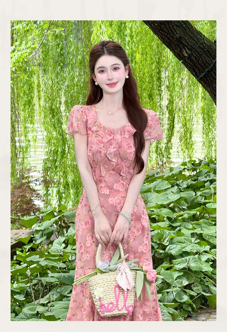 lili 리 리 가족 장미 속삭임 프랑스식 낭만주의 휴가 바람 프릴 드레스 핑크색 인어 꼬리 롱 스커트 상세 이미지 8