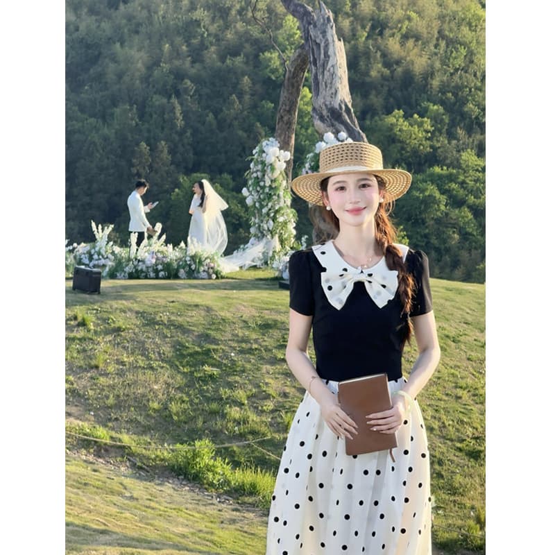 lili 리 리 가족 갈색 설탕 우유 서리 프랑스식 레트로 흑인과 백인 도트 무늬 베이비 칼라 허리 수축 드레스 이미지 3