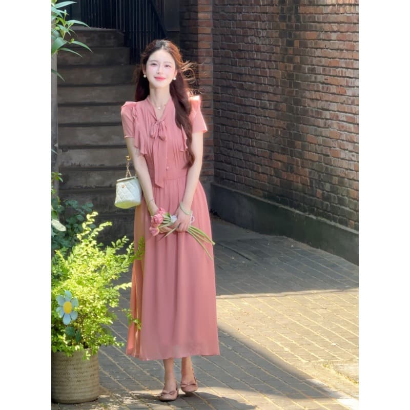 lili 리 리 가족 분말 안개 연애 편지 한 부서 부드러운 바람 레이스업 프릴 허리 수축 드레스 이미지 3