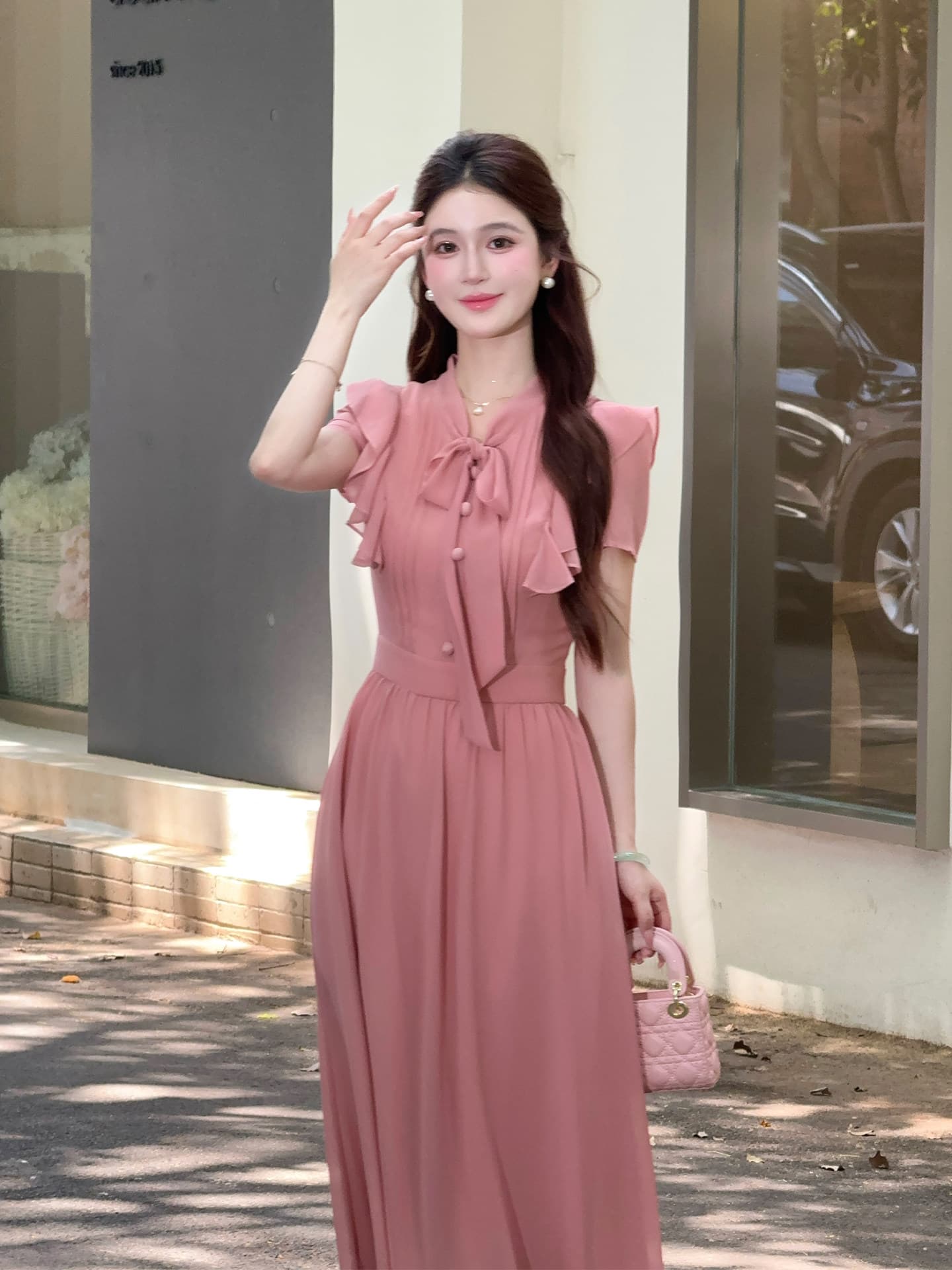 lili 리 리 가족 분말 안개 연애 편지 한 부서 부드러운 바람 레이스업 프릴 허리 수축 드레스 상세 이미지 9