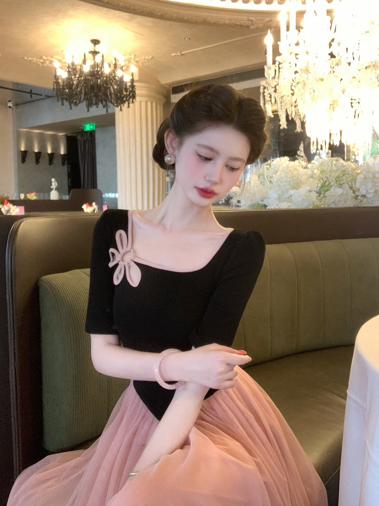 평생 로마의 꿈 그것 춤 프랑스식 레트로 여성 드레스 여름 꽃 허리 수축 패치워크 망사 롱 스커트 이미지 3